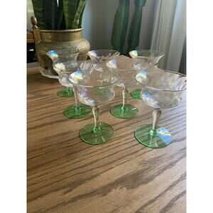 Vintage 1930s Tiffin Hand Blown Uranium Glass Cordial Glasses Iridescent Diamond